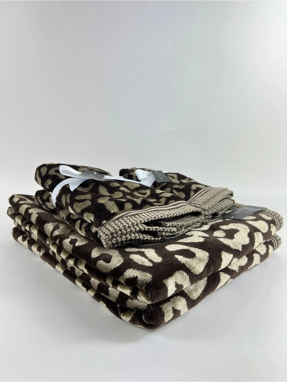 Rachel Zoe Bath Towel Set Leopard Animal Print Brown Tan Velour Cotton 6 Pc NEW